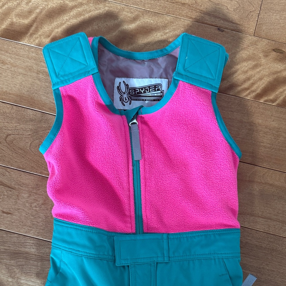 Spyder Teal and Pink Kids' Snowsuit/ ski suit with Fur Hood - Picture 5 of 9